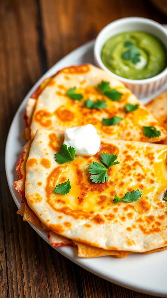 Golden brown lobster quesadilla with melted cheese, garnished with cilantro, served with guacamole and sour cream.